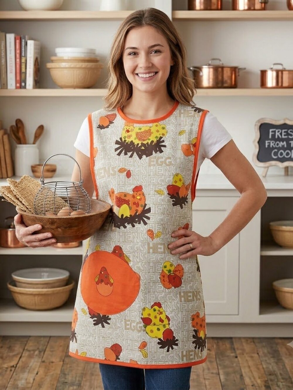 Apron Vest Vintage Mid Century Modern Retro hen and egg orange +FREE cookbook